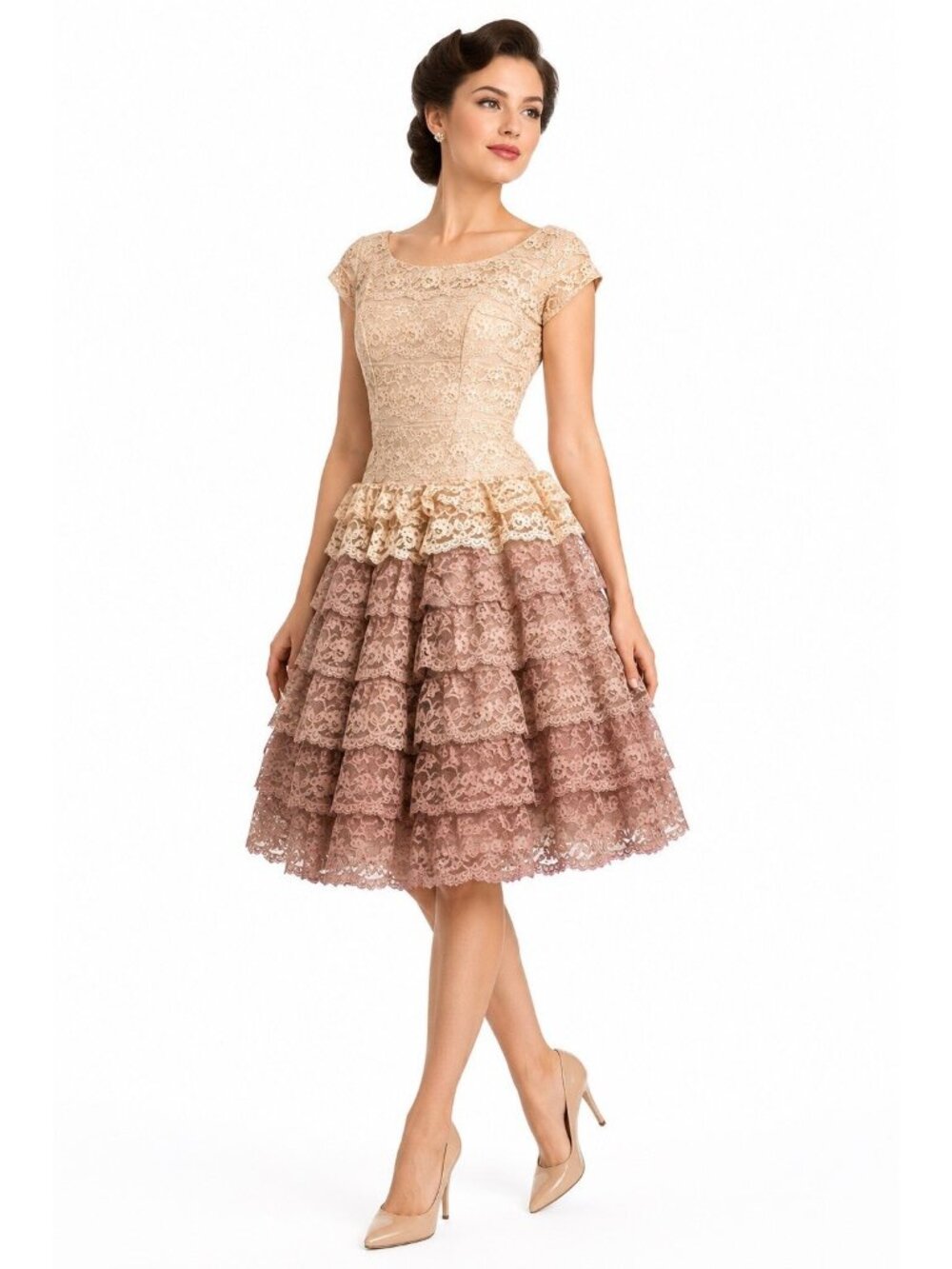 vintage 1950s LACE COCKTAIL DRESS tiered ruffle XS 26 inch waist party fit flare